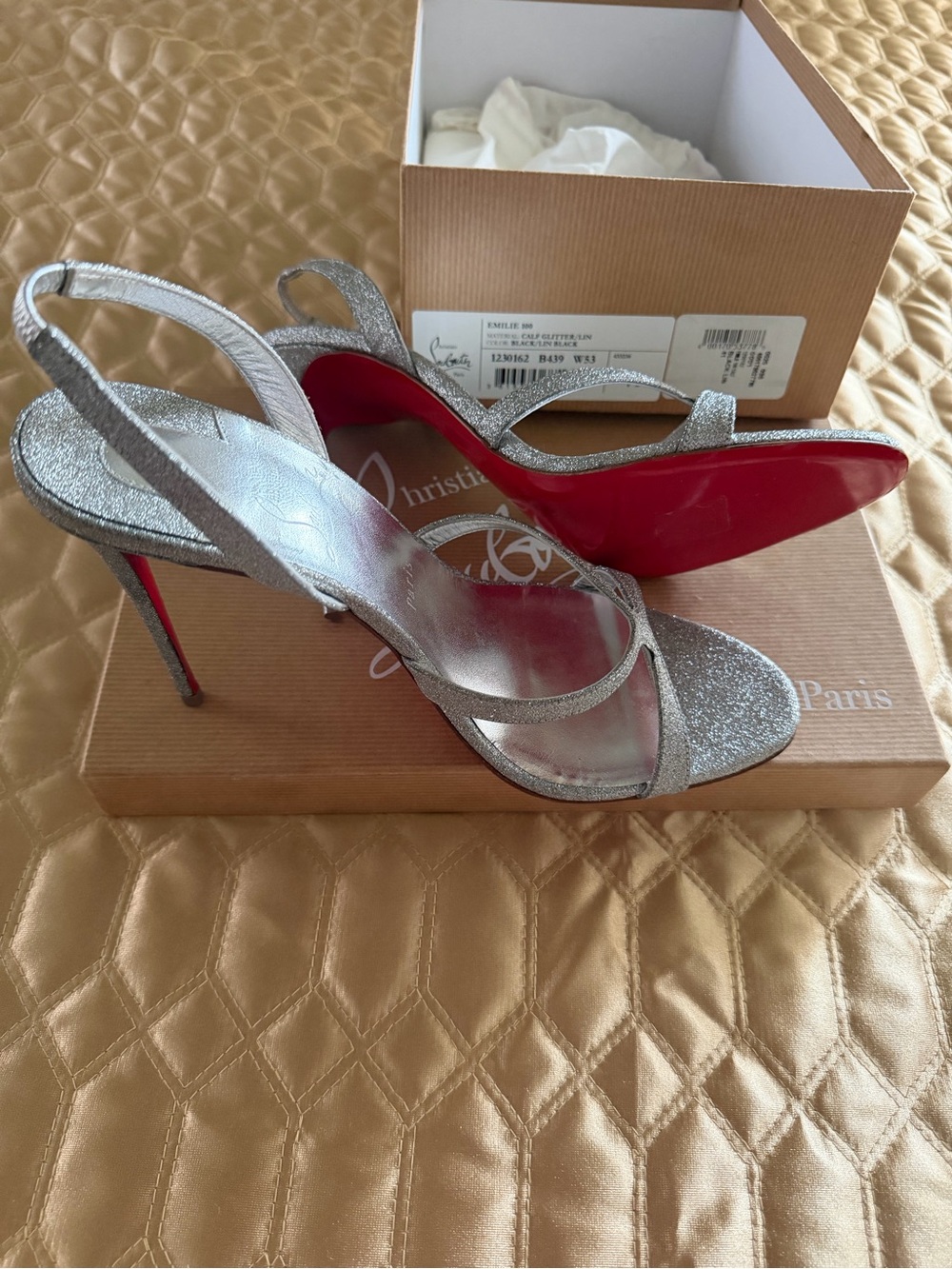 Emilie Christian Louboutin Silver Glitter Slingback Heels - Authentic